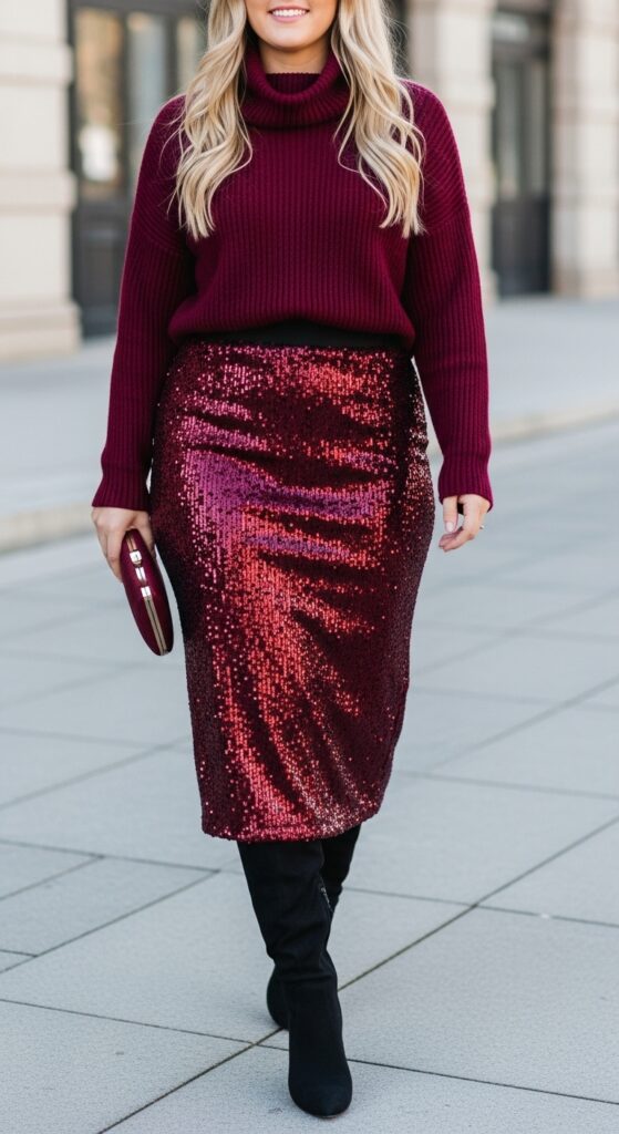 18 Stunning Sequin Skirt Outfits for U.S. Women in 2025 10 Fall Brunch Burgundy Turtleneck & Burgundy Sequin Midi