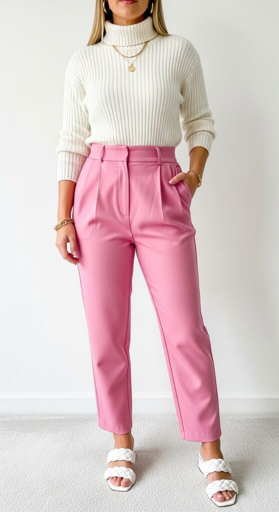 25 Pink Pants Outfits to Steal the Spotlight 11 Fall Brunch Cream Sweater & Pink Trousers