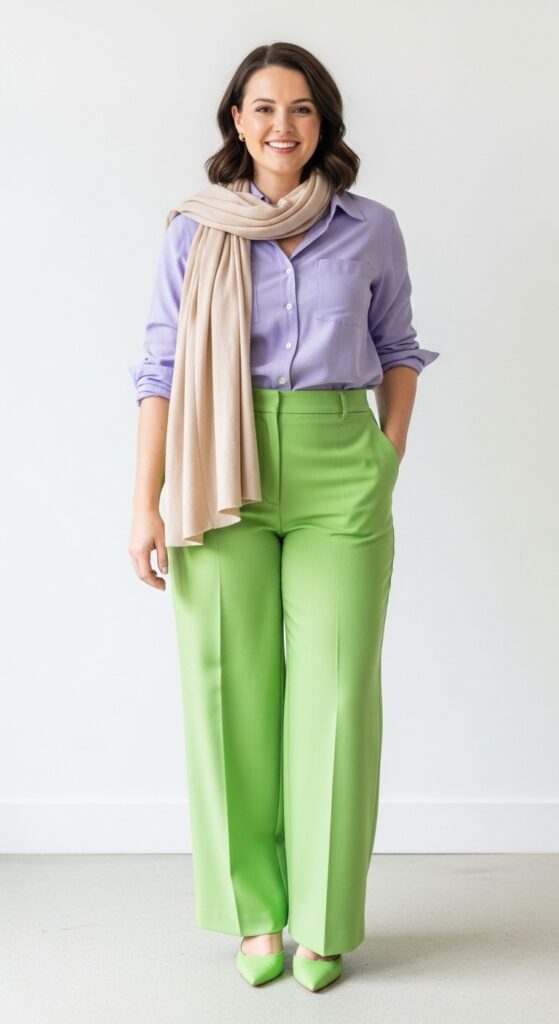 20 Green Pants Outfits to Elevate Your Style 11 Fall Brunch Lavender Button-Up & Lime Green Trousers
