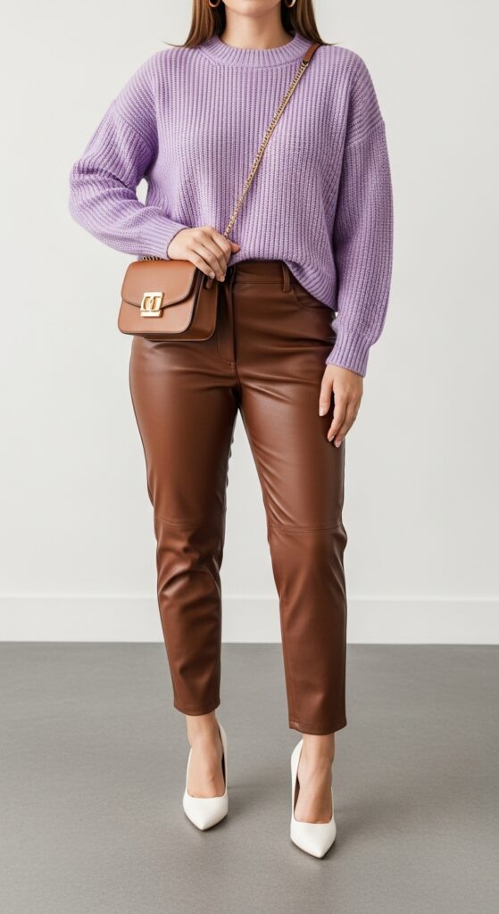 20 Leather Pants Outfits to Slay Every Occasion 10 Fall Brunch Lavender Sweater & Brown Leather Pants