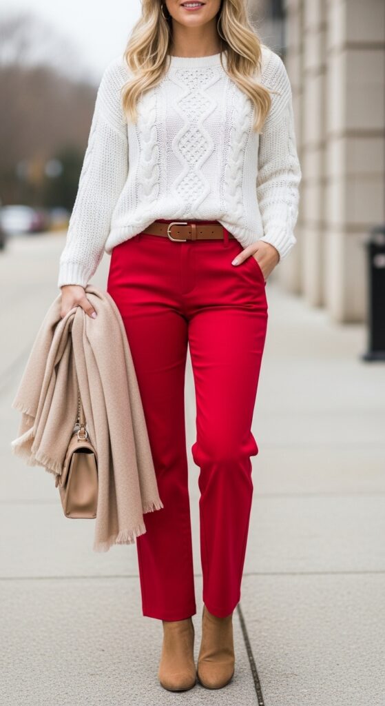 19 Red Pants Outfits to Ignite Your Style 10 Fall Brunch White Cable Knit Sweater & Red Straight-Leg Pants