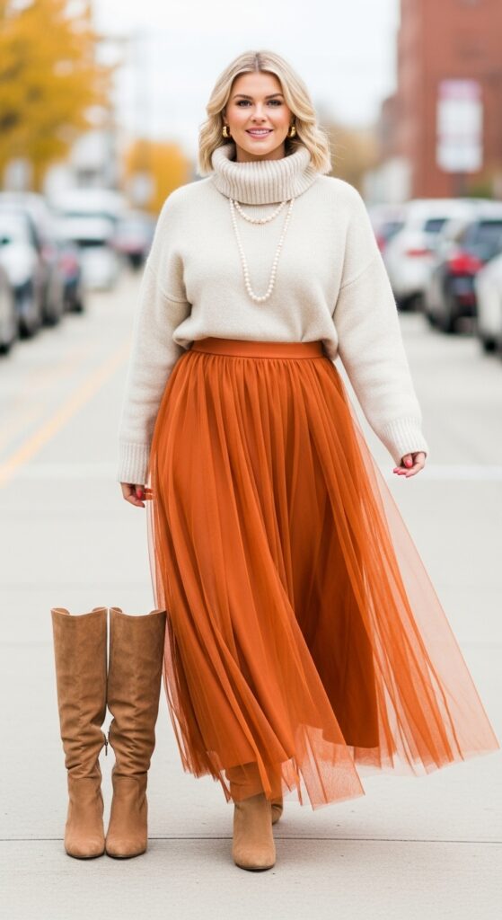 21 Stunning Tulle Skirt Outfit Ideas for U.S. Women in 2025 11 Fall Festival Cream Turtleneck & Orange Tulle Maxi