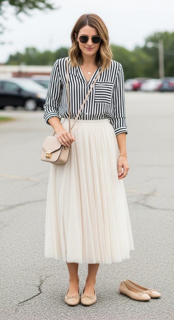 21 Stunning Tulle Skirt Outfit Ideas for U.S. Women in 2025 5 Farmers Market Chic Striped Shirt & Cream Tulle Midi