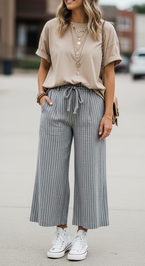 Farmers Market Vibe Beige Tee & Gray Striped Pants