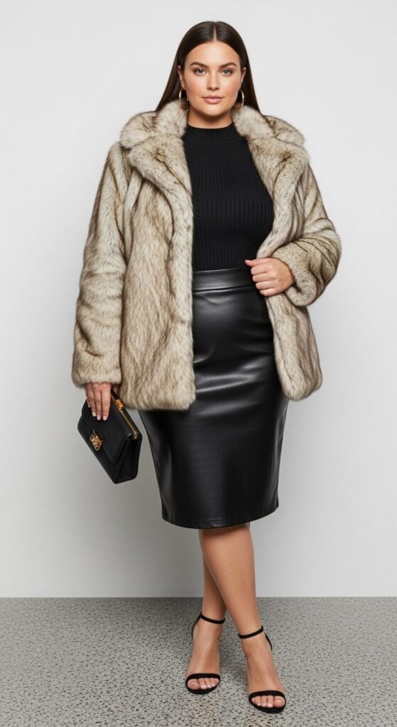 Faux Fur Coat & Black Leather Skirt