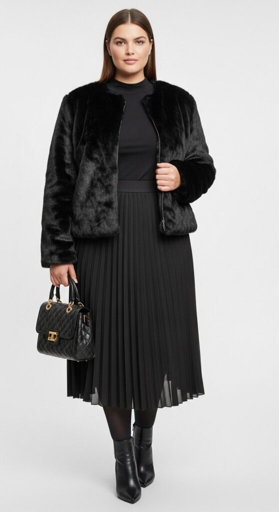 Faux Fur Jacket & Pleated Skirt