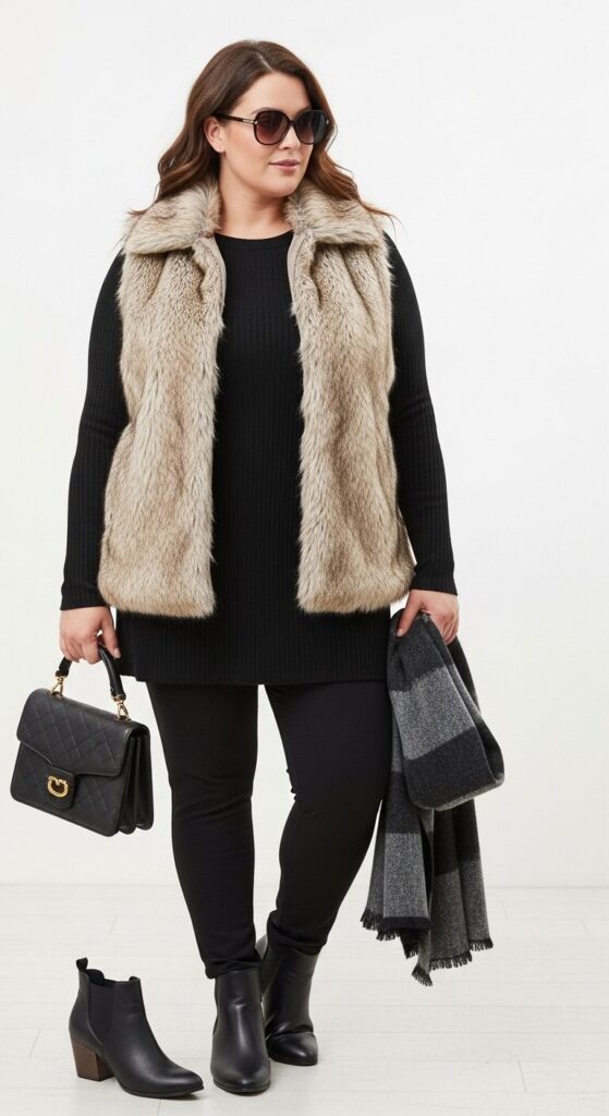 11 Plus Size Winter Winery Outfits (Taste Wine in Style) 6 Faux Fur Vest & Long-Sleeve Top