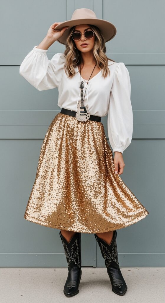 Fearless Era Gold Sequin Skirt & White Blouse