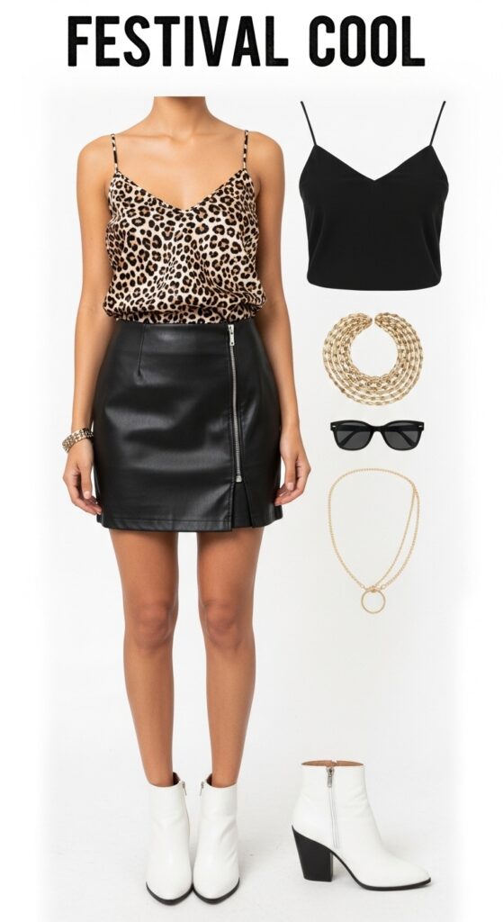 22 Leather Skirt Outfits for an Edgy, Cool Vibe 8 Festival Cool Leopard Print Camisole & Black Leather Mini