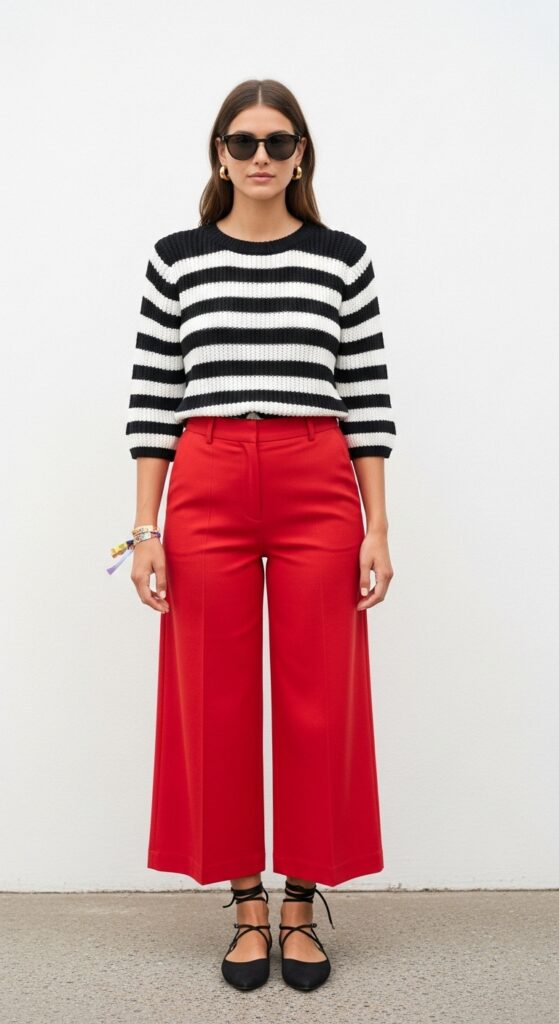 19 Red Pants Outfits to Ignite Your Style 8 Festival Cool Striped Top & Red Wide-Leg Pants