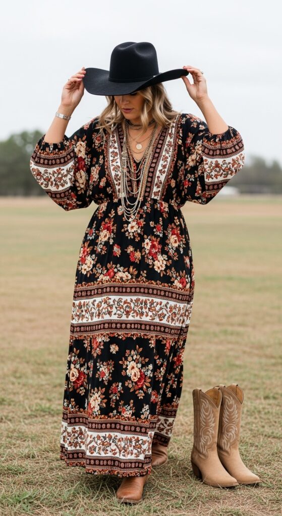 Festival Cowgirl Floral Maxi Dress & Cowboy Hat