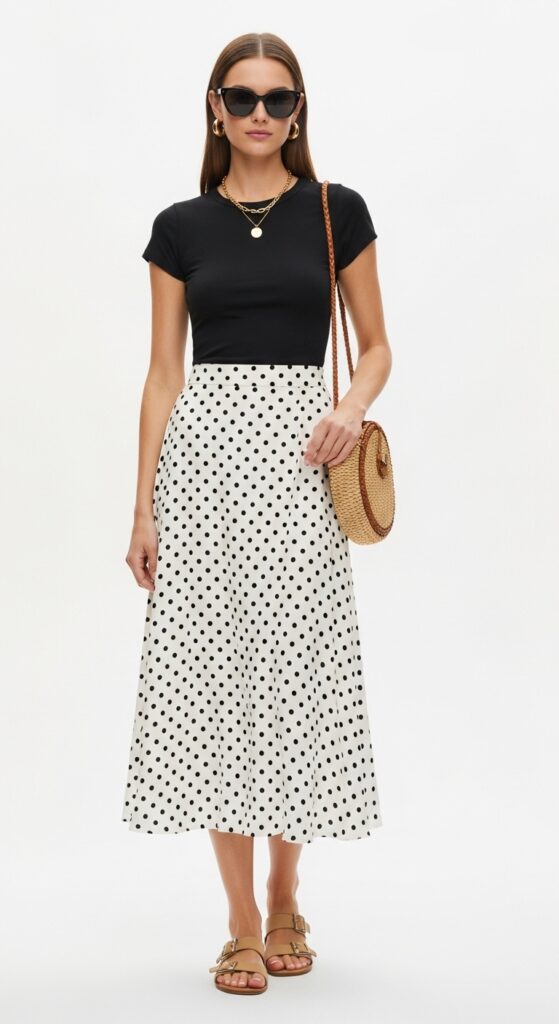 Festival Flair Polka Dot Midi Skirt & Black Tee
