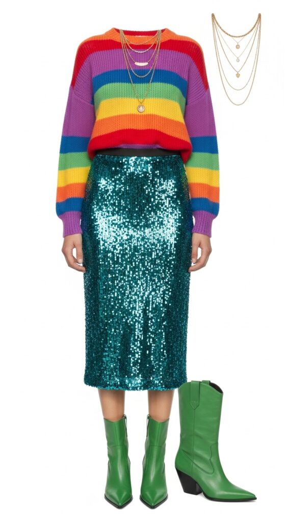 18 Stunning Sequin Skirt Outfits for U.S. Women in 2025 8 Festival Flair Rainbow Sweater & Teal Sequin Midi