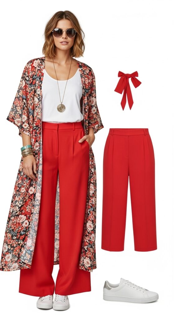 19 Red Pants Outfits to Ignite Your Style 19 Festival Glam Floral Kimono & Red Trousers