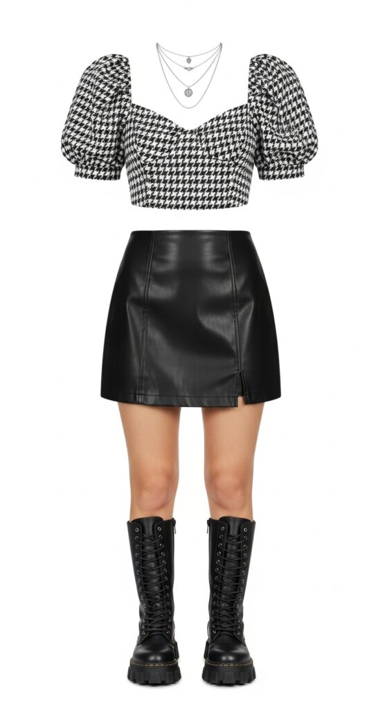 22 Leather Skirt Outfits for an Edgy, Cool Vibe 20 Festival Glam Houndstooth Crop Top & Black Leather Mini