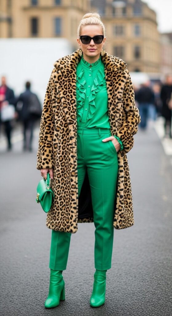 20 Green Pants Outfits to Elevate Your Style 20 Festival Glam Leopard Print Coat & Green Monochrome
