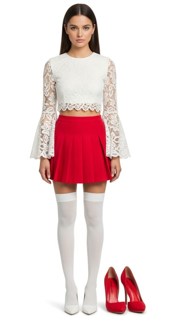28 Pleated Skirt Outfits to Nail Effortless Chic 19 Festival Glam White Lace Crop Top & Red Pleated Mini