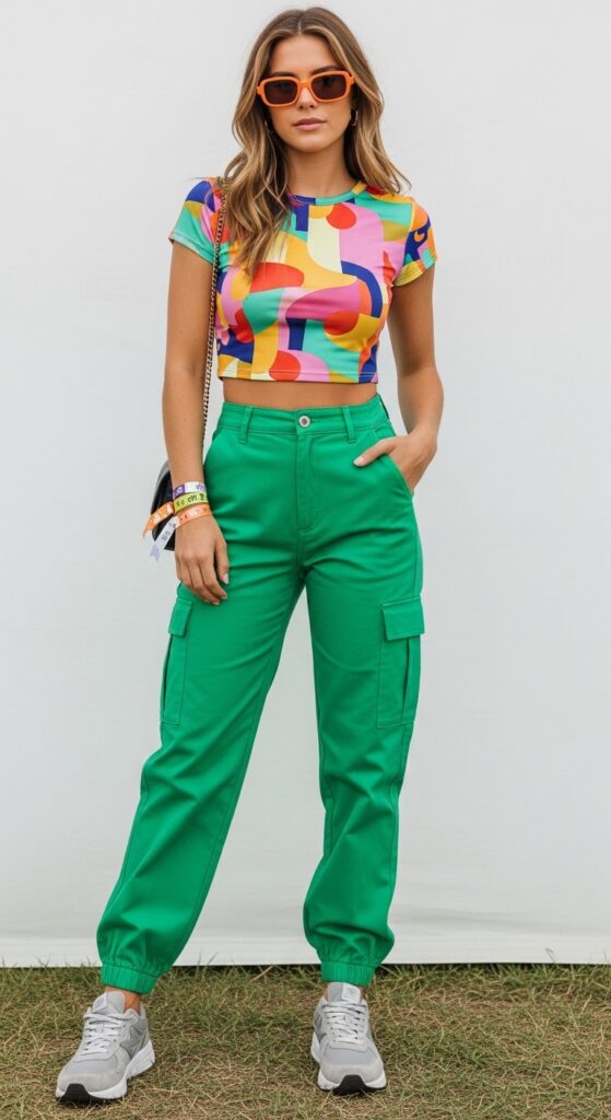 20 Green Pants Outfits to Elevate Your Style 8 Festival Vibes Multicolored Crop Top & Bright Green Cargo Pants