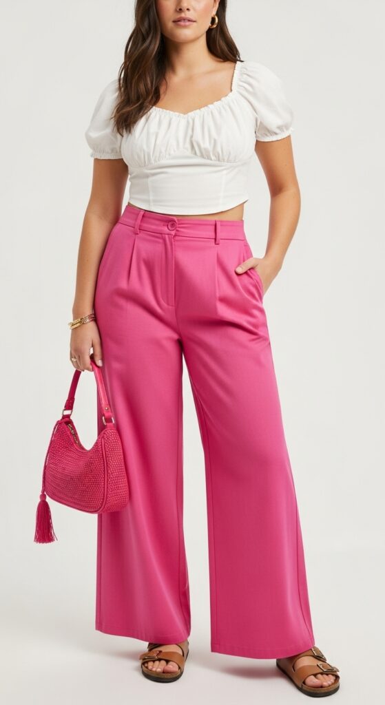 25 Pink Pants Outfits to Steal the Spotlight 18 Festival Vibes White Ruched Top & Hot Pink Pants