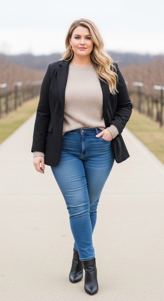 11 Plus Size Winter Winery Outfits (Taste Wine in Style) 12 Fitted Blazer & Jeans