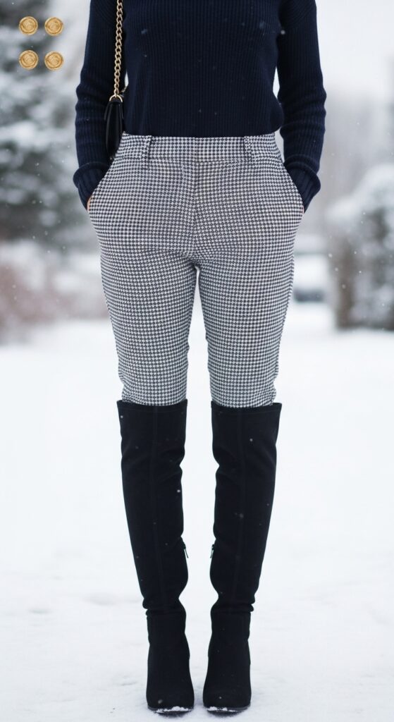 15 Chic Houndstooth Pants Outfits to Rock This Season with Chic Season Style 17 Fitted Sweater and Knee-High Boots for Winter Edge