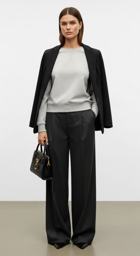 18 Stylish Sweatshirt Outfits to Elevate Your Everyday Look 9 Fitted Sweatshirt and Wide-Legged Trousers