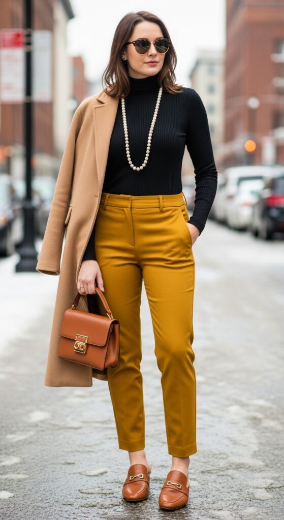 9 Bold Mustard Pants Outfits to Elevate Your Style with Chic Season Style 7 Fitted Turtleneck and Mules for Winter