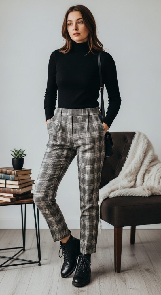 Fitted Turtleneck and Plaid Pants