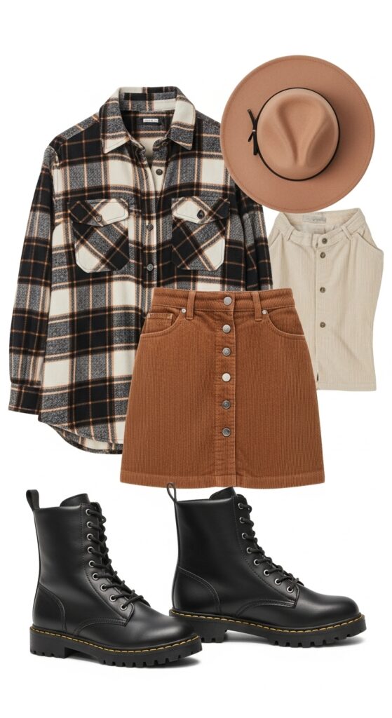 18 Bold Combat Boot Outfits to Slay Your Style This Season 18 Flannel Shirt and Corduroy Skirt