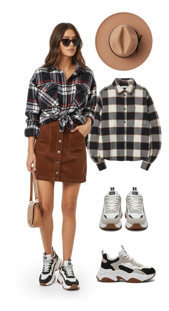 20 Bold Chunky Sneaker Outfits for a Standout Look 16 Flannel Shirt and Corduroy Skirt
