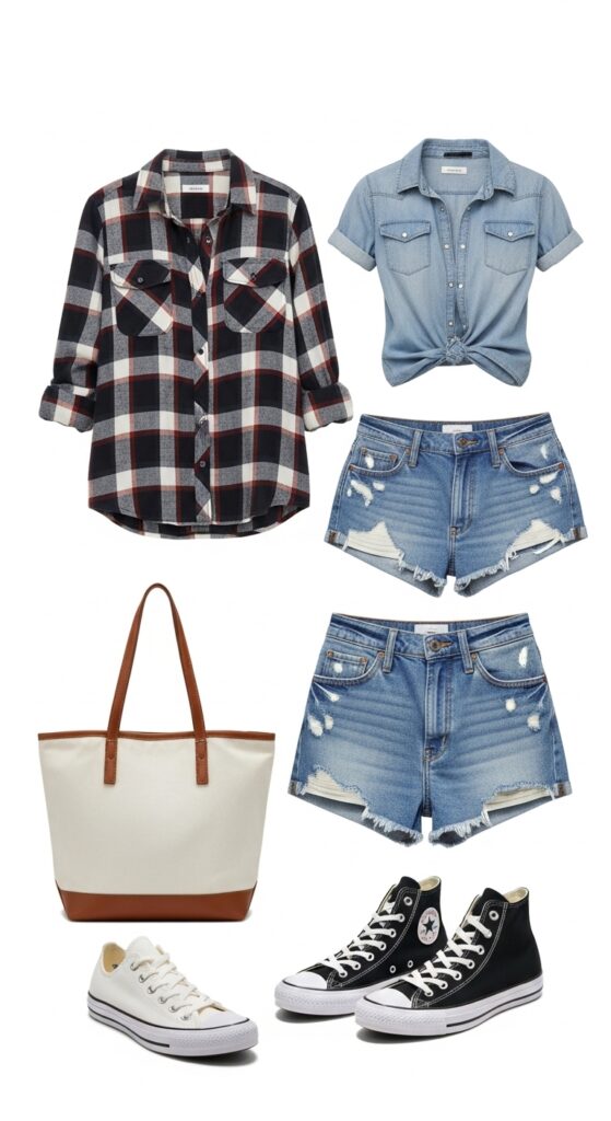 24 Trendy Converse Sneaker Outfits for Every Vibe 24 Flannel Shirt and Denim Shorts