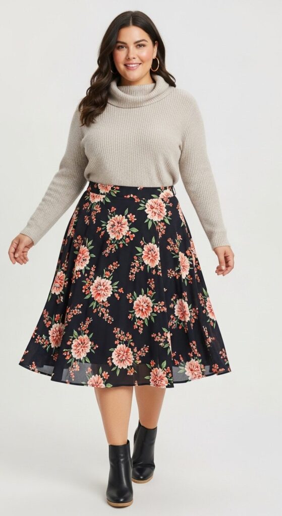 7 Plus Size Early Spring Outfits Your Wardrobe Must Have 5 Floral A-Line Skirt & Turtleneck Sweater