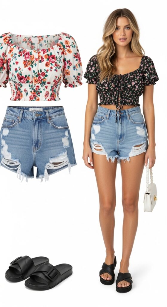 20 Stylish Jean Shorts Outfits for Every Summer Occasion 18 Floral Crop Top and Distressed Shorts