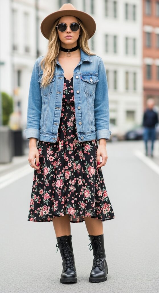 18 Bold Combat Boot Outfits to Slay Your Style This Season 4 Floral Dress and Denim Jacket