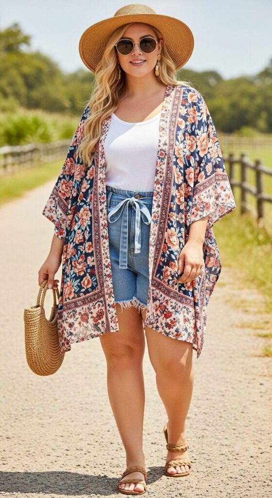 11 Essential Plus Size Spring Outfits to Try This Year 13 Floral Kimono & Shorts