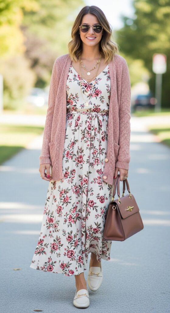 23 Stylish Loafer Outfits for Effortless Elegance 9 Floral Maxi Dress and Cardigan