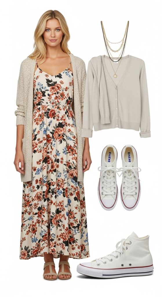 24 Trendy Converse Sneaker Outfits for Every Vibe 8 Floral Maxi Dress and Cardigan