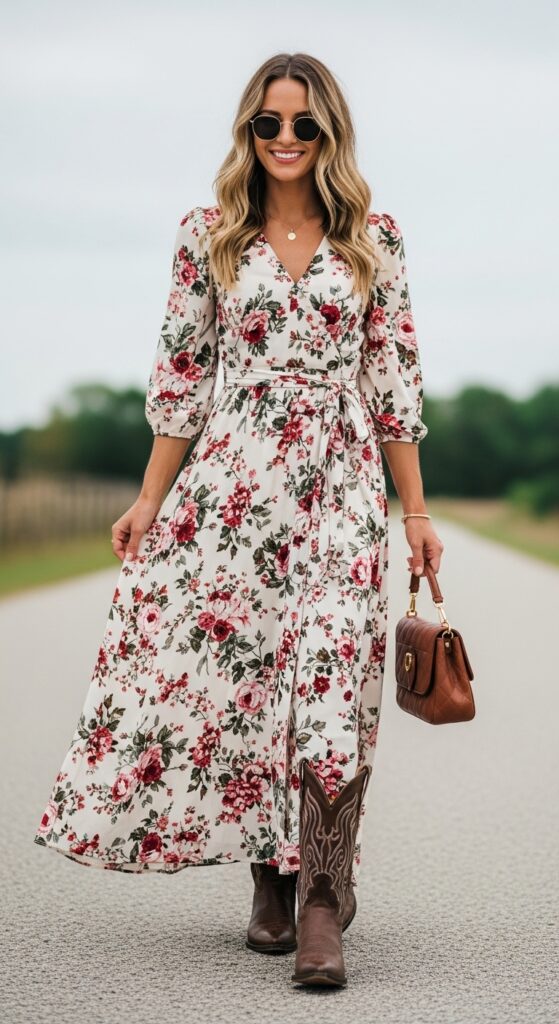 Floral Maxi Dress and Cowboy Boots