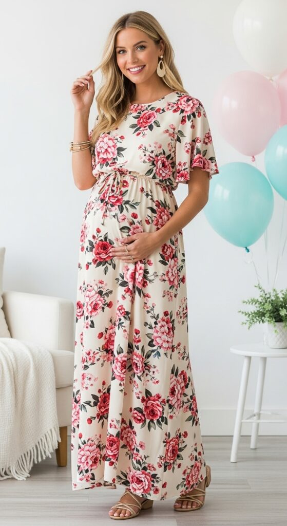 10 Stylish Baby Shower Outfit Ideas for Moms-to-Be and Guests 3 Floral Maxi Dress for the Mom-to-Be
