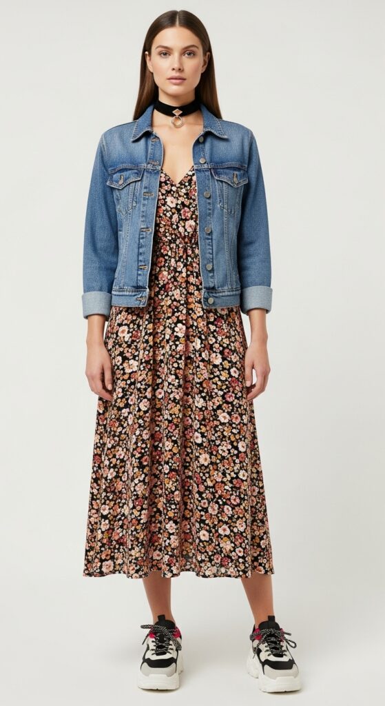 20 Bold Chunky Sneaker Outfits for a Standout Look 3 Floral Midi Dress and Denim Jacket