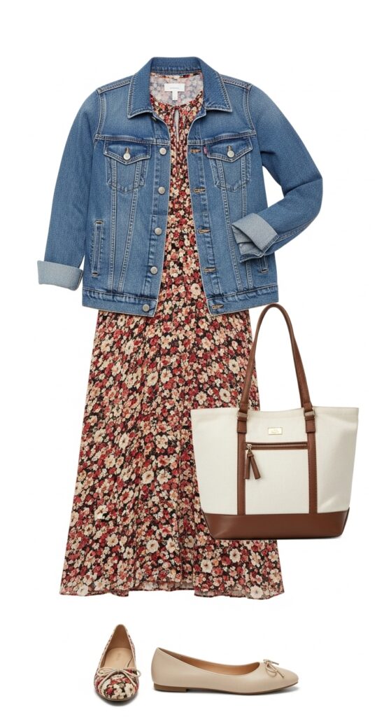 20 Stylish Flat Shoe Outfits to Inspire Your Wardrobe 4 Floral Midi Dress and Denim Jacket