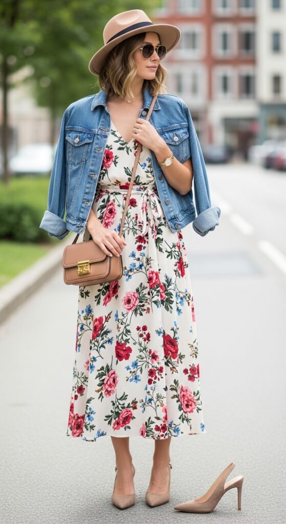 Floral Midi Dress and Denim Jacket