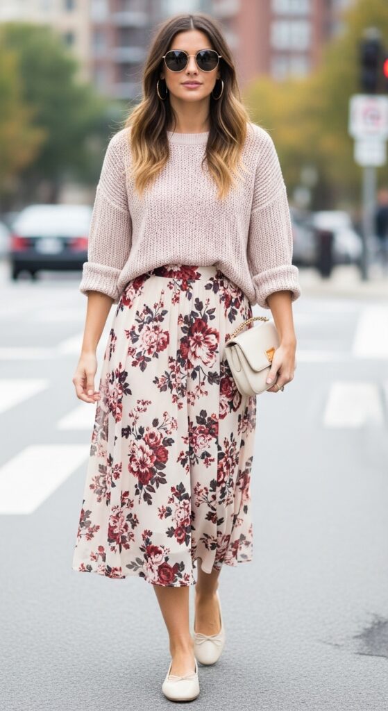 21 Feminine Ballet Flat Outfits for Classic and Modern Looks 5 Floral Midi Skirt and Knit Sweater