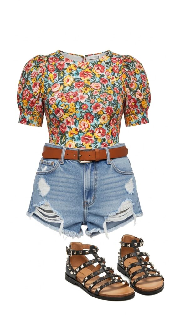 21 Stylish Denim Shorts Outfit Ideas 20 Floral Puff Sleeves and Studded Sandals