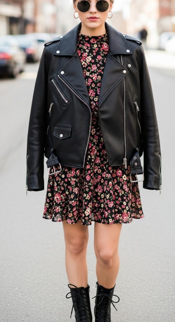 17 Stylish Leather Jacket Outfits That Will Turn Heads 9 Floral and Leather