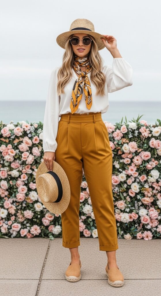 9 Bold Mustard Pants Outfits to Elevate Your Style with Chic Season Style 3 Flowy Blouse and Espadrilles for Summer Chic