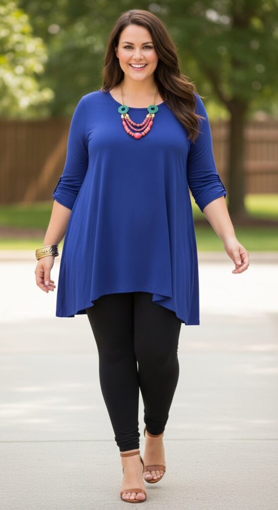 12 Plus-Size Summer Outfits That Flatter Your Curves and Tummy 6 Flowy Tunic and Leggings Effortless and Breezy