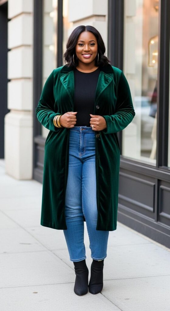 12 Plus Size Velvet Winter Outfits for Black Women with Chic Season Style 14 Forest Green Velvet Coat and Jeans for Weekend Outings