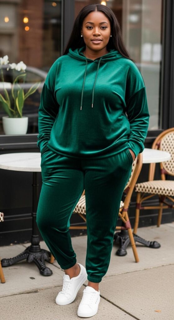 12 Plus Size Velvet Winter Outfits for Black Women with Chic Season Style 11 Forest Green Velvet Hoodie and Joggers for Casual Gatherings