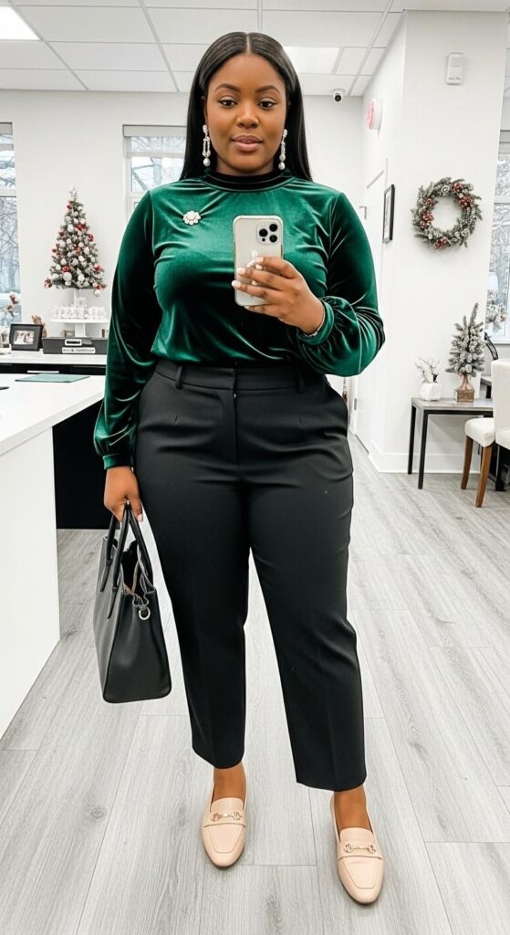 12 Plus Size Velvet Winter Outfits for Black Women with Chic Season Style 5 Forest Green Velvet Top and Trousers for Work Chic